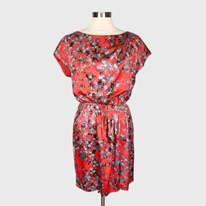Vince Camuto Womens Floral Print Dress Red Blue Satin Short Sleeves size 8